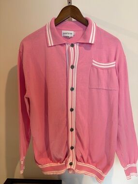 Pink Knit Button-Up Cardigan with White Trim - Okkitstore